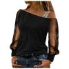 Women Printing Glitter Mesh Bell Long Sleeve Cold Shoulder Splice T-Shirt Blouse Fashion Shiny Club Loose Shirt Tees view 1