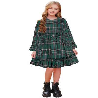 AGQT Girls Christmas Plaid Dress Long Sleeve Fall Winter Outfits, 4-5T