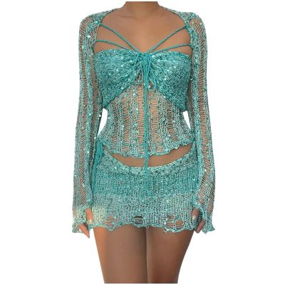 HGps8w Women's Crochet Sequin 2 Piece Outfits, Sexy Long Sleeve Crop Top with Mini Skirt Knitted Teens Y2k Sparkle Dress Sets