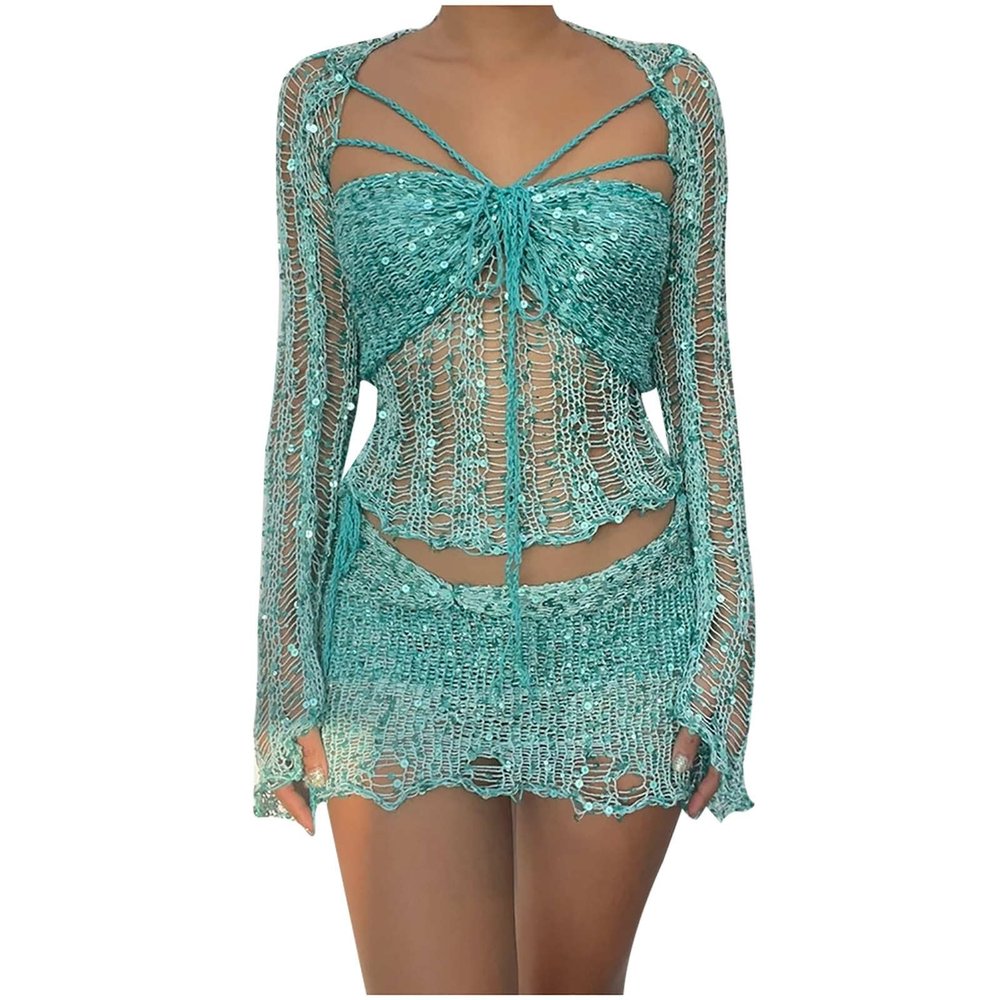 HGps8w Women's Crochet Sequin 2 Piece Outfits, Sexy Long Sleeve Crop Top with Mini Skirt Knitted Teens Y2k Sparkle Dress Sets