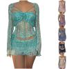 HGps8w Women's Crochet Sequin 2 Piece Outfits, Sexy Long Sleeve Crop Top with Mini Skirt Knitted Teens Y2k Sparkle Dress Sets view 2