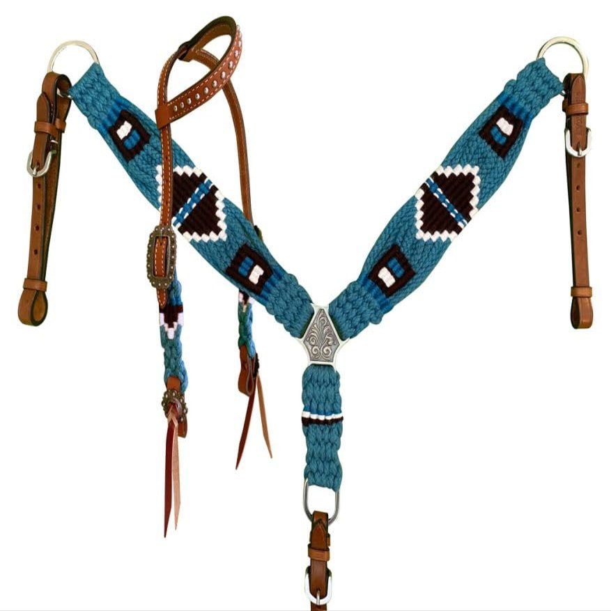 Showman Pony Turquoise & Brown Corded Single Ear Headstall & Breast Collar Set
