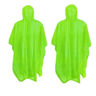 RAIN GUARD 2 Pc. 10 Mil Neon Green Vinyl Rain Poncho with Hood | Expanded 50" x 80" (127 cm x 203.2 cm) || Reusable Waterproof Protection | Adult Size | Includes Storage Pouch