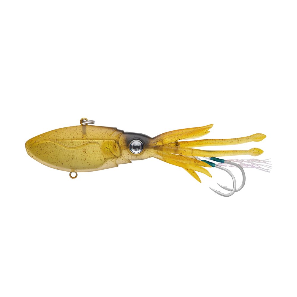 Nomad Design Squidtrex Patented Vibrating Fishing Lure- Scent Added TPE Soft Plastic Lure for Saltwater w/Strong BKK Assist Hooks, Fishing Bait that catches many species,150mm 4 3/4oz- GreenGold Gizzy