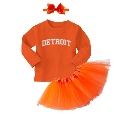 Detroit - State Proud Strong Pride Sports Long Sleeve Toddler T-Shirt + Tutu Skirt + Bow Headband Set (Long Sleeve Orange T-Shirt/Orange Tutu, 2T)
