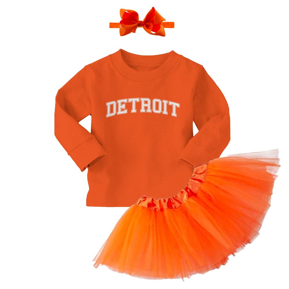 Detroit - State Proud Strong Pride Sports Long Sleeve Toddler T-Shirt + Tutu Skirt + Bow Headband Set (Long Sleeve Orange T-Shirt/Orange Tutu, 2T)