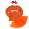 Detroit - State Proud Strong Pride Sports Long Sleeve Toddler T-Shirt + Tutu Skirt + Bow Headband Set (Long Sleeve Orange T-Shirt/Orange Tutu, 2T) view 1
