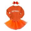 Detroit - State Proud Strong Pride Sports Long Sleeve Toddler T-Shirt + Tutu Skirt + Bow Headband Set (Long Sleeve Orange T-Shirt/Orange Tutu, 2T) view 2