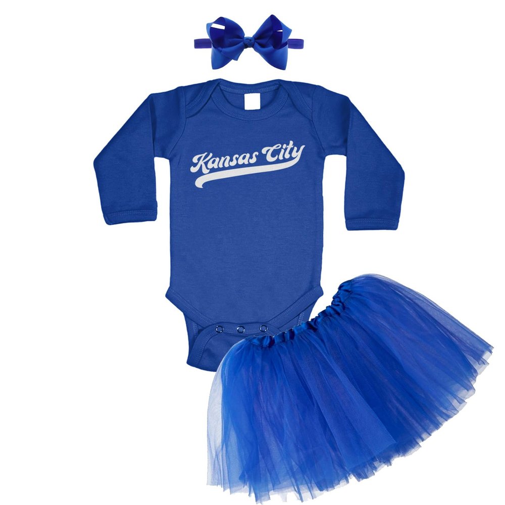 Haase Unlimited Kansas City - Baseball Jersey Style Script Long Sleeve Baby Bodysuit + Tutu Skirt + Bow Headband Set (Long Sleeve Royal Blue Bodysuit/Royal Blue Tutu, 18 Months)