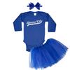 Haase Unlimited Kansas City - Baseball Jersey Style Script Long Sleeve Baby Bodysuit + Tutu Skirt + Bow Headband Set (Long Sleeve Royal Blue Bodysuit/Royal Blue Tutu, 18 Months) view 1