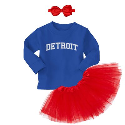 Detroit - State Proud Strong Pride Sports Long Sleeve Toddler T-Shirt + Tutu Skirt + Bow Headband Set (Long Sleeve Royal Blue T-Shirt/Red Tutu, 2T)
