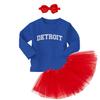 Detroit - State Proud Strong Pride Sports Long Sleeve Toddler T-Shirt + Tutu Skirt + Bow Headband Set (Long Sleeve Royal Blue T-Shirt/Red Tutu, 2T) view 1