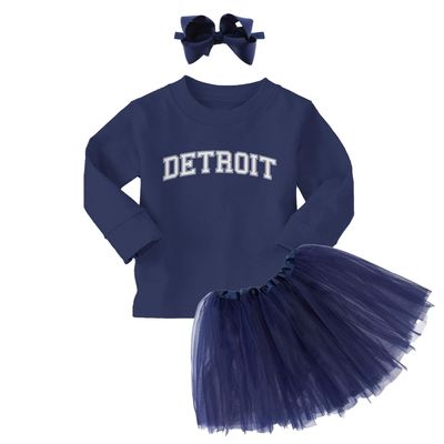 Detroit - State Proud Strong Pride Sports Long Sleeve Toddler T-Shirt + Tutu Skirt + Bow Headband Set (Long Sleeve Navy Blue T-Shirt/Navy Blue Tutu, 2T)