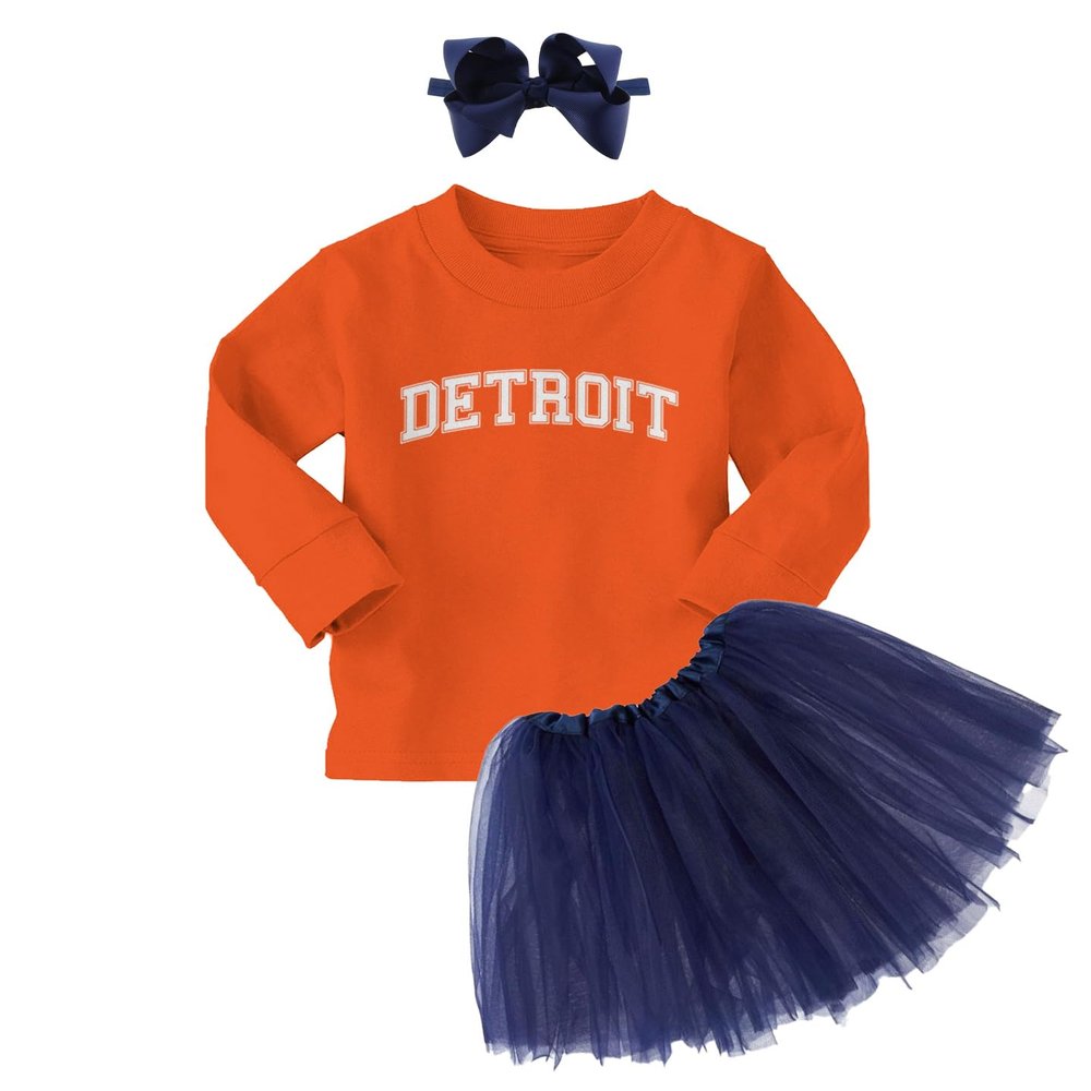 Detroit - State Proud Strong Pride Sports Long Sleeve Toddler T-Shirt + Tutu Skirt + Bow Headband Set (Long Sleeve Orange T-Shirt/Navy Blue Tutu, 2T)