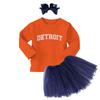 Detroit - State Proud Strong Pride Sports Long Sleeve Toddler T-Shirt + Tutu Skirt + Bow Headband Set (Long Sleeve Orange T-Shirt/Navy Blue Tutu, 2T) view 1