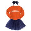 Detroit - State Proud Strong Pride Sports Long Sleeve Toddler T-Shirt + Tutu Skirt + Bow Headband Set (Long Sleeve Orange T-Shirt/Navy Blue Tutu, 2T) view 2