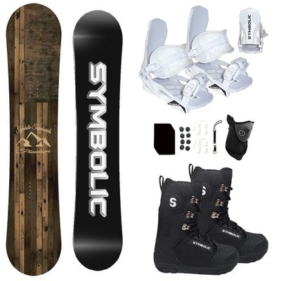 Symbolic Freedom Snowboard , Bindings, and Boots Package Discs, Screws,Leash, Stomp, Mask, Men Women Kids Regular-Wide (155 cm, Women 10 Boot & White Binding)