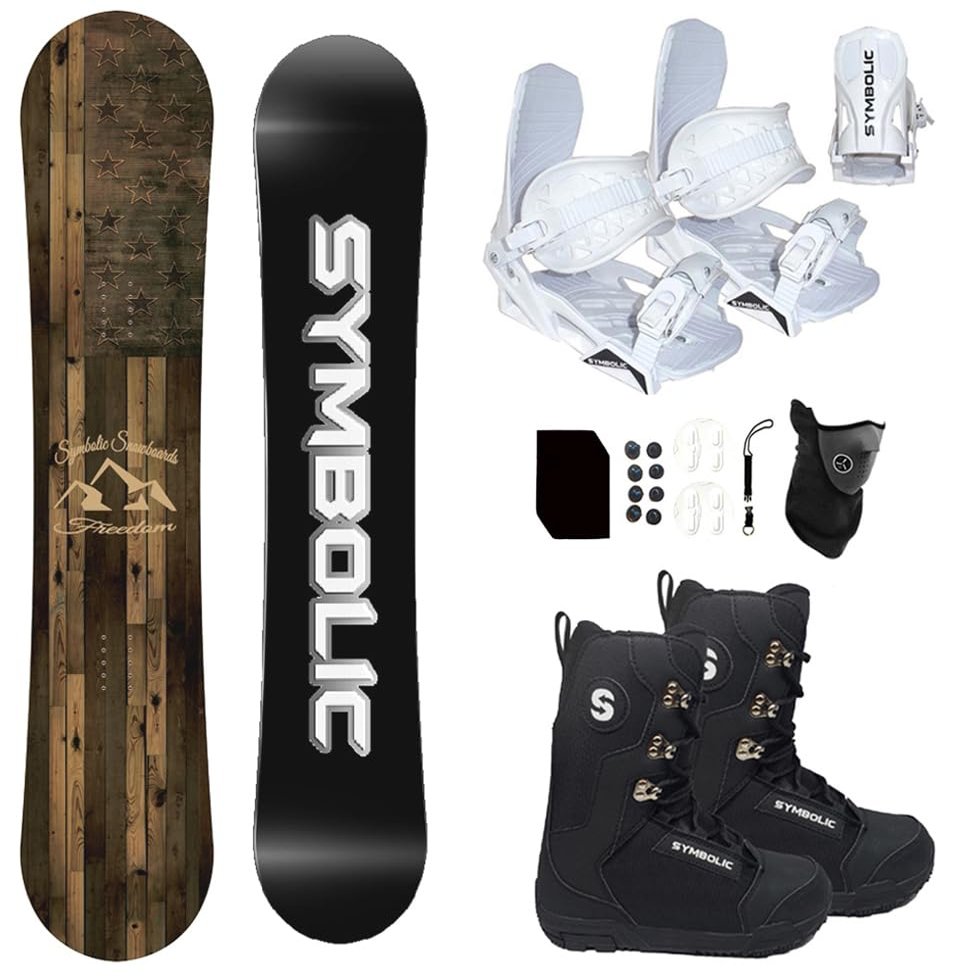 Symbolic Freedom Snowboard , Bindings, and Boots Package Discs, Screws,Leash, Stomp, Mask, Men Women Kids Regular-Wide (155 cm, Women 10 Boot & White Binding)