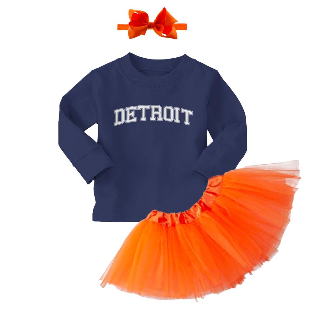 Detroit - State Proud Strong Pride Sports Long Sleeve Toddler T-Shirt + Tutu Skirt + Bow Headband Set (Long Sleeve Navy Blue T-Shirt/Orange Tutu, 2T)