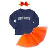 Detroit - State Proud Strong Pride Sports Long Sleeve Toddler T-Shirt + Tutu Skirt + Bow Headband Set (Long Sleeve Navy Blue T-Shirt/Orange Tutu, 2T) view 1