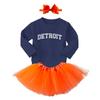 Detroit - State Proud Strong Pride Sports Long Sleeve Toddler T-Shirt + Tutu Skirt + Bow Headband Set (Long Sleeve Navy Blue T-Shirt/Orange Tutu, 2T) view 2