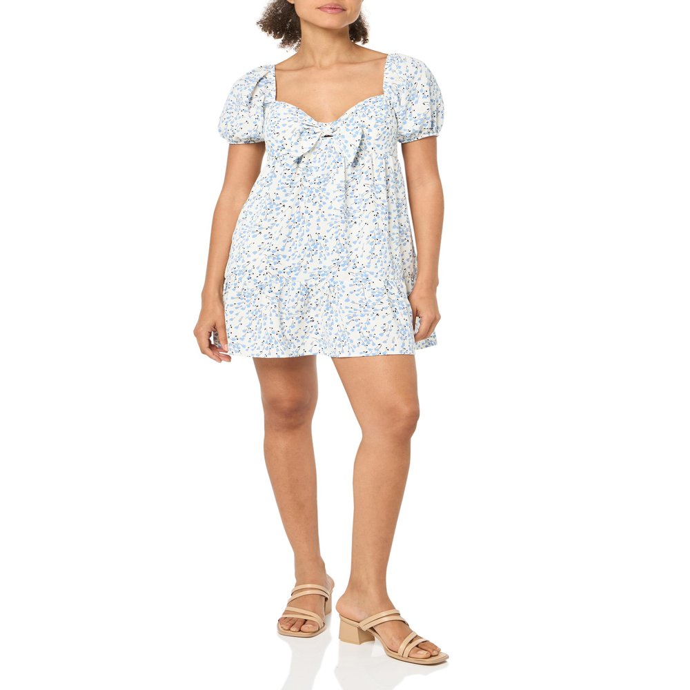 Speechless Women's Short Sleeve Babydoll Dress, Ivory/Light Blue, Large