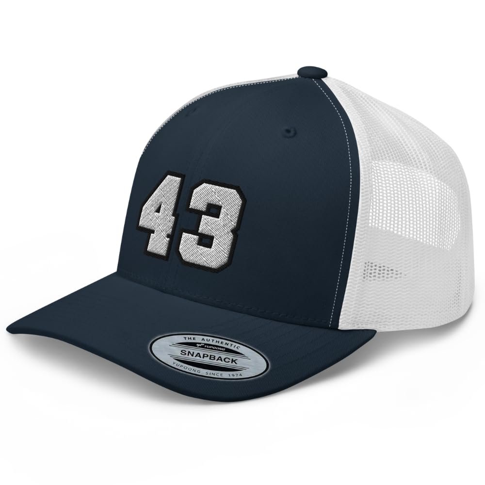 RIVEMUG Team Number 43 Embroidered Trucker Hat Curved Bill Mid Crown Adjustable Baseball Cap Navy/White