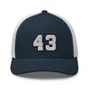 RIVEMUG Team Number 43 Embroidered Trucker Hat Curved Bill Mid Crown Adjustable Baseball Cap Navy/White view 2