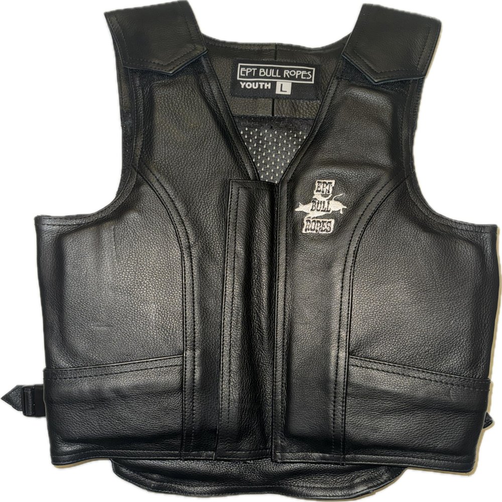 EPT Leather Bull Riding Vest - Black Leather EPT Brand - Child Youth Sizes (Child Youth Medium)