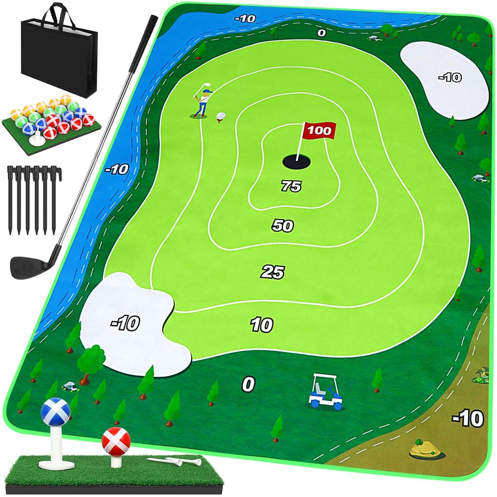 52HZ 6x5Ft Golf Chipping Game Mat, Battle Royale Golf Game Set with Golf Hitting Mat, 20 Grip Golf Balls, Golf Games for Adults Family Outdoor Indoor