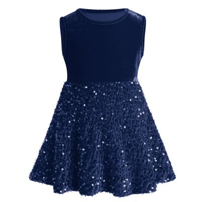 ABEWIP Toddler Girls Sequin Dress Sparkle Velvet Party Dresses Kids Girl Party Bridesmaid Wedding Gown Fall Winter Navy Blue 9-12 Months