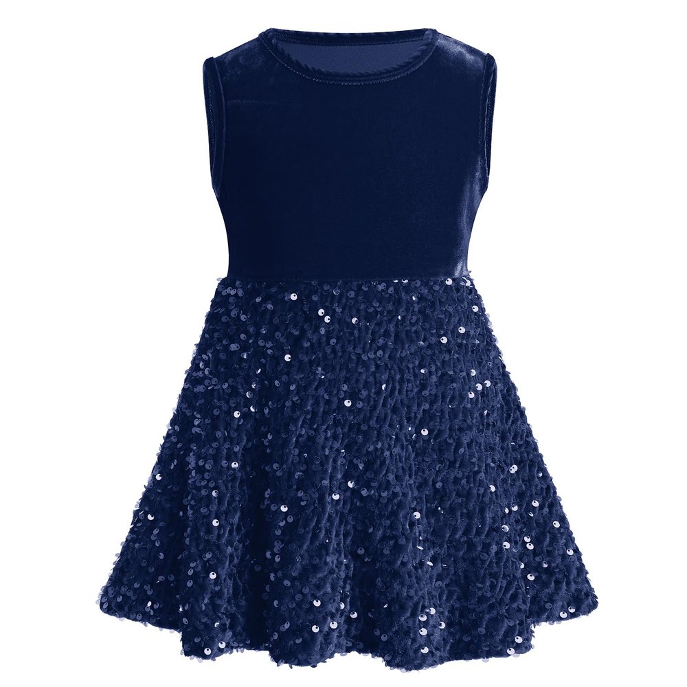 ABEWIP Toddler Girls Sequin Dress Sparkle Velvet Party Dresses Kids Girl Party Bridesmaid Wedding Gown Fall Winter Navy Blue 9-12 Months