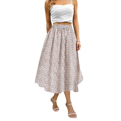 Abaadlw Maxi Skirts for Women with Pockets Long Midi Length Casual Skirt for Holiday White Floral