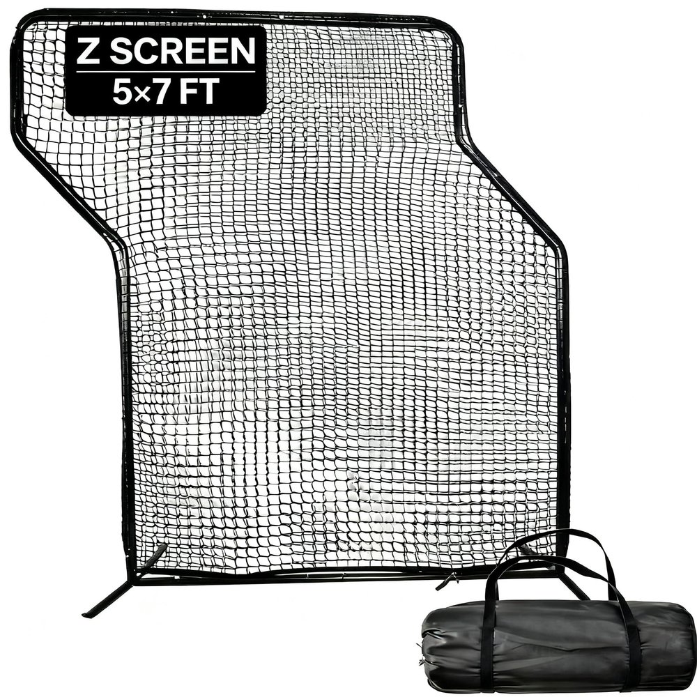 MiniTang Baseball Z Screen - 7x5 FT Heavy Duty Steel Pitching Screen - Portable Batting Trainer for Coaches Players Teams Backyard Field Training