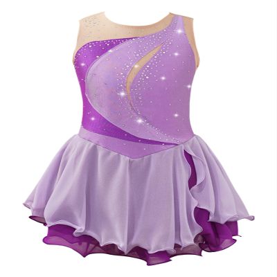 Oyolan Kids Girls Rhinestone Sleeveless Ice Skating Dress Irregular Hem Leotard Dress Figure Skating Competition Costume Lavender B 16 Years
