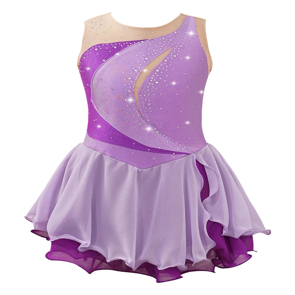 Oyolan Kids Girls Rhinestone Sleeveless Ice Skating Dress Irregular Hem Leotard Dress Figure Skating Competition Costume Lavender B 16 Years
