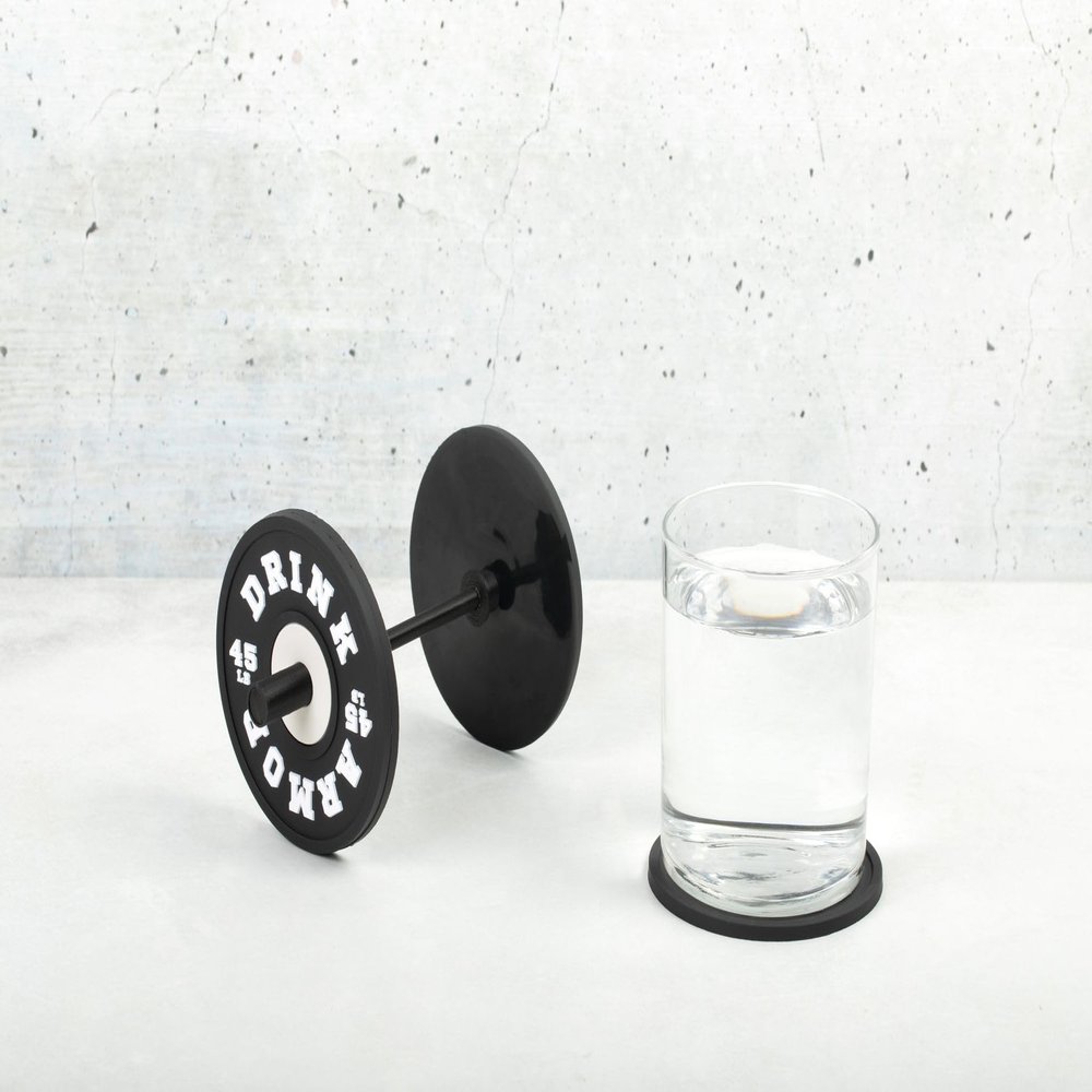 4 Pcs Black Drink Coasters with Barbell Holder, Thicker Rubber Coasters for Drinks for Coffee Table- Coaster Holder- Coffee Coaster for Gym, Crossfit, Fitness Table Decor- Bodybuild Gym Birthday Gift