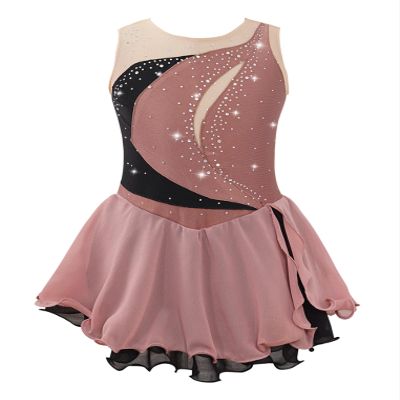 Oyolan Kids Girls Rhinestone Sleeveless Ice Skating Dress Irregular Hem Leotard Dress Figure Skating Competition Costume Light Coffee B 8 Years