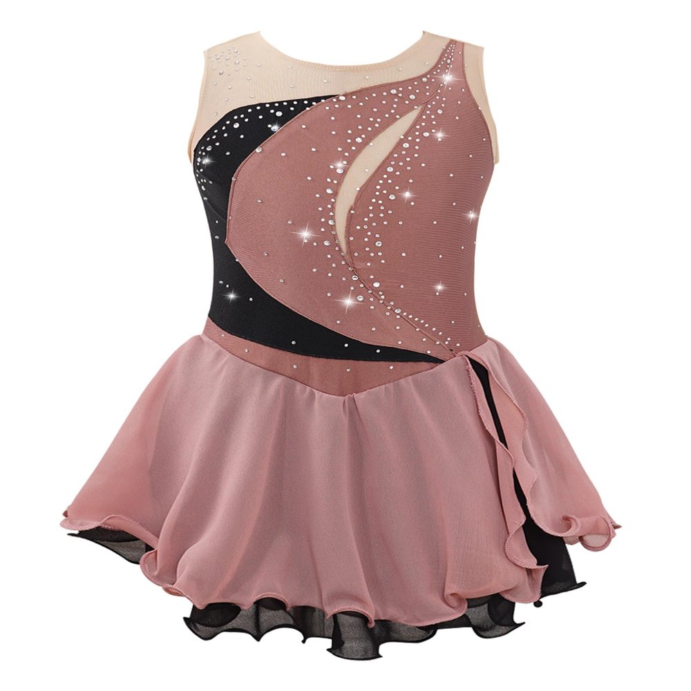 Oyolan Kids Girls Rhinestone Sleeveless Ice Skating Dress Irregular Hem Leotard Dress Figure Skating Competition Costume Light Coffee B 8 Years