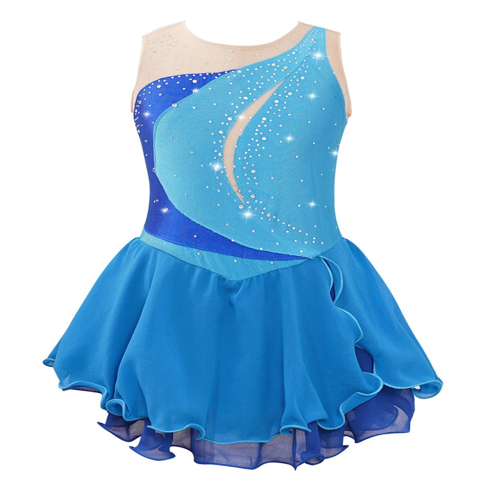 Oyolan Kids Girls Rhinestone Sleeveless Ice Skating Dress Irregular Hem Leotard Dress Figure Skating Competition Costume Light Blue B 14 Years