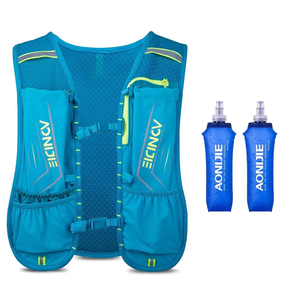 AONIJIE Running Hydration Vest for Men Women, Waterproof and Breathable 5L Hydration Pack Backpack for Trail Running Marathon Race Hiking, Fit 26.7in to 51.1in Chest (Green with 2*500ml Flask)