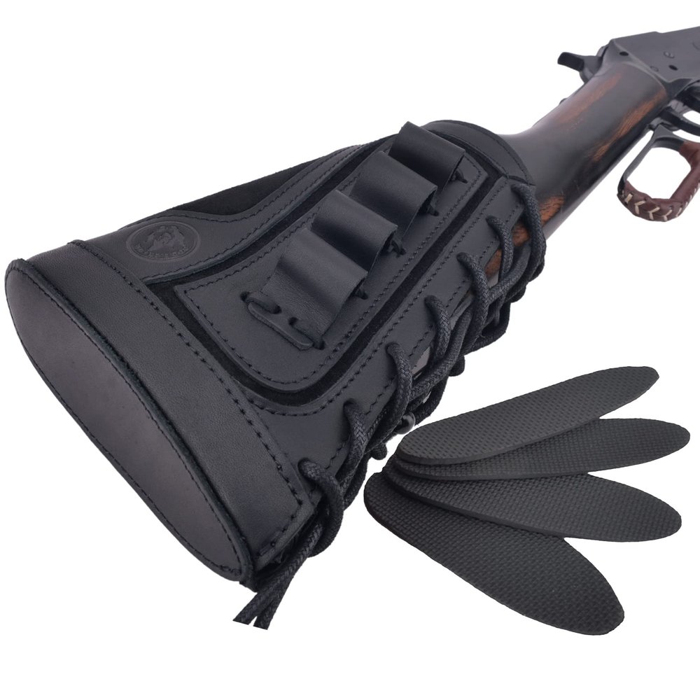 Adjustable Leather Gun Sling with Ammo Holder for 12 Gauge Shotgun Shell Holder, Black (Buttstock)