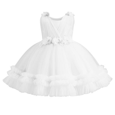Flower Girl Dress for Toddler Baby Girls Sleeveless 3D Flower Tulle Tutu Dress Infant Christening Baptism Formal Princess Party Birthday Dresses White 9-12 Months