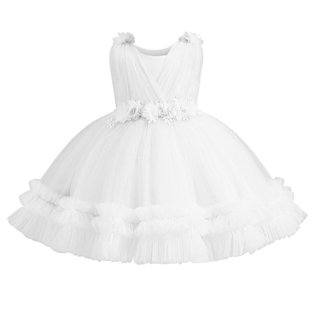 Flower Girl Dress for Toddler Baby Girls Sleeveless 3D Flower Tulle Tutu Dress Infant Christening Baptism Formal Princess Party Birthday Dresses White 9-12 Months