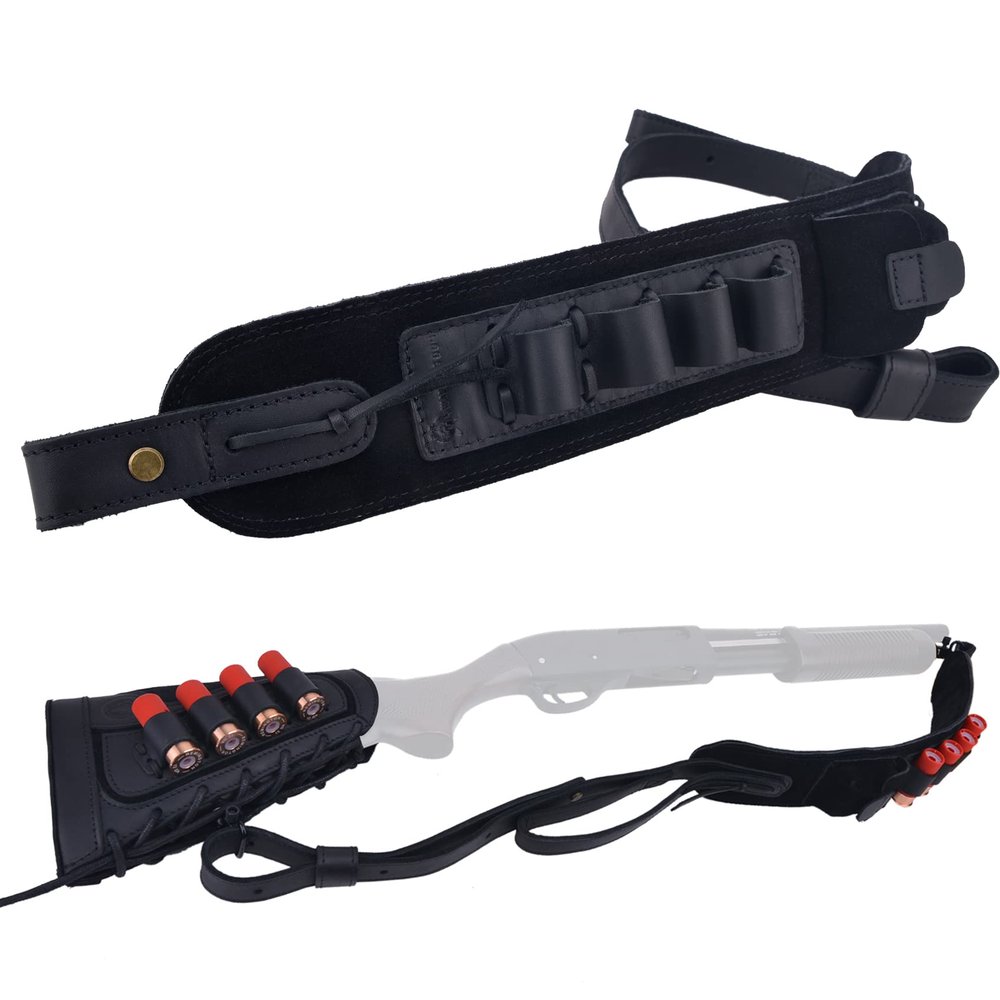 Adjustable Leather Gun Sling with Ammo Holder for 12 Gauge Shotgun Shell Holder, Black (Sling)