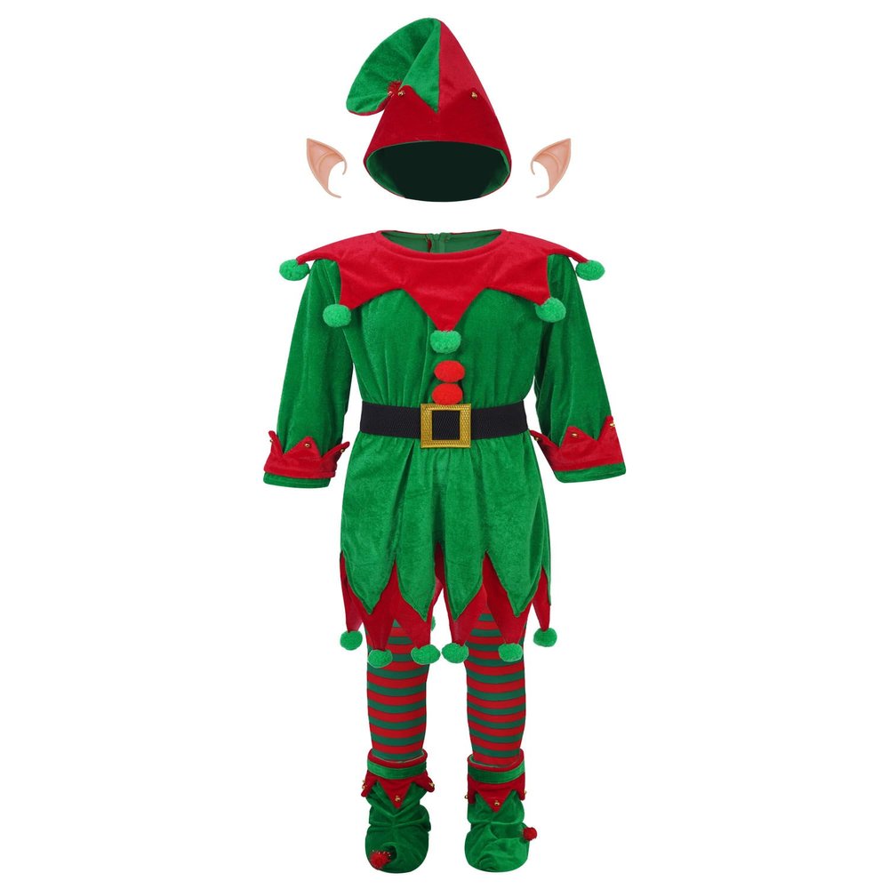 Choomomo Christmas Kids Elf Dress Set Xmas Santa Claus Helper Fancy Outfit for Boys Girls 6pcs Green 9-10 Years