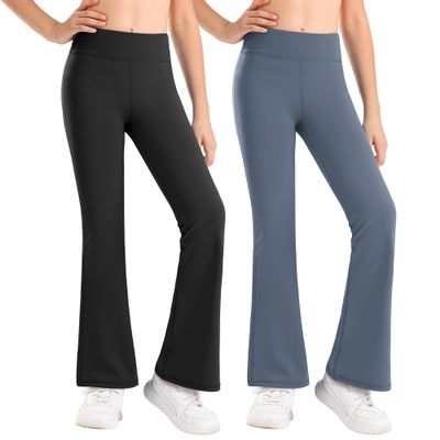 Stelle Girl's Flare Leggings High Waisted Yoga Pants Bootcut Dance Casual Pants Activewear Kids Bell Bottoms(Black+Grey Blue,M)