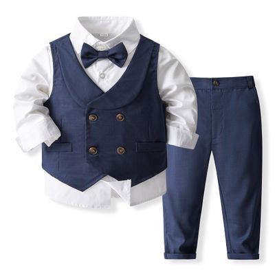 Boys 3Pcs Clothing Sets Long Sleeve Bowtie Shirts +Vest +Pants Casual Suit Navy Blue