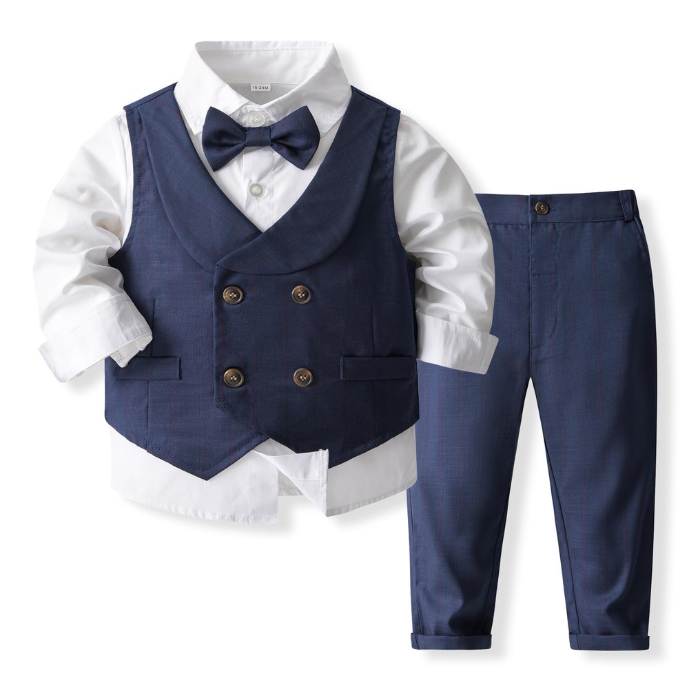 Boys 3Pcs Clothing Sets Long Sleeve Bowtie Shirts +Vest +Pants Casual Suit Navy Blue
