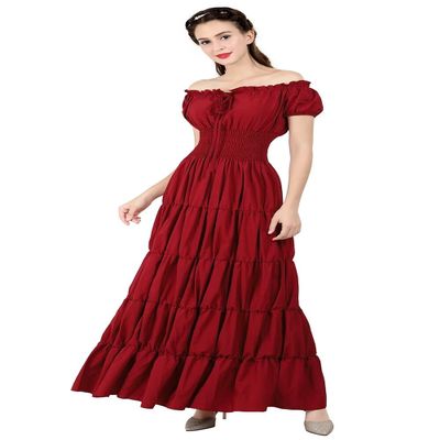 Long Dresses for Women Fashion Elegant Renaissance Costume Medieval Short Sleeve Casual Cute Outfit Midi Summer Red M
